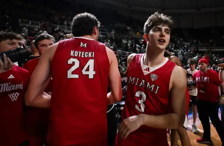 Miami (OH) RedHawks guard Luke Skaljac (3) and forward Jackson Kotecki (24) celebrate