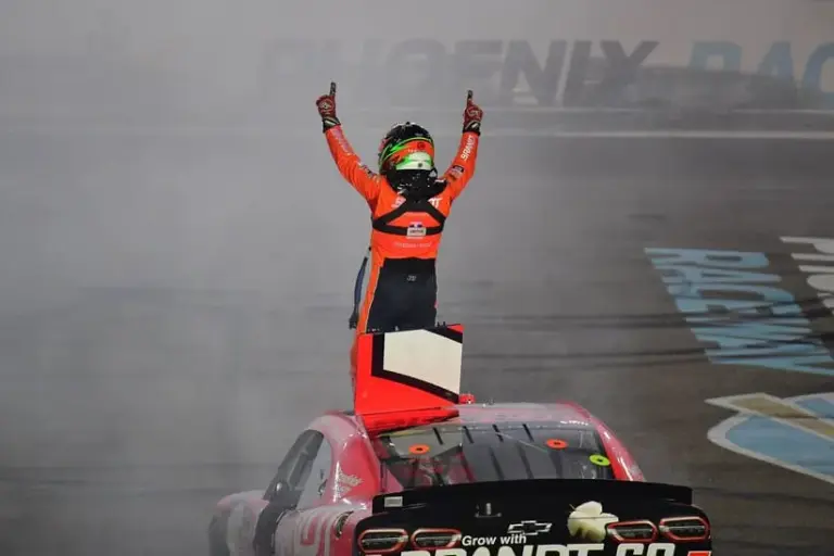 Mar 7, 2026; Avondale, Arizona, USA; JR Motorsports driver Justin Allgaier (7) celebrates his victory of the the GOVX 200 at Phoenix Raceway.