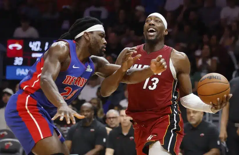 Detroit Pistons forward Isaiah Stewart (28) fouls Miami Heat center Bam Adebayo (13)
