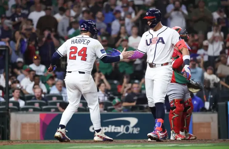 USA outfielder Aaron Judge (99) celebrates a home run