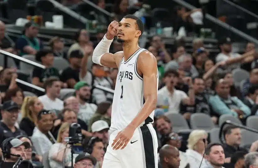 San Antonio Spurs forward Victor Wembanyama (1) walks off the court