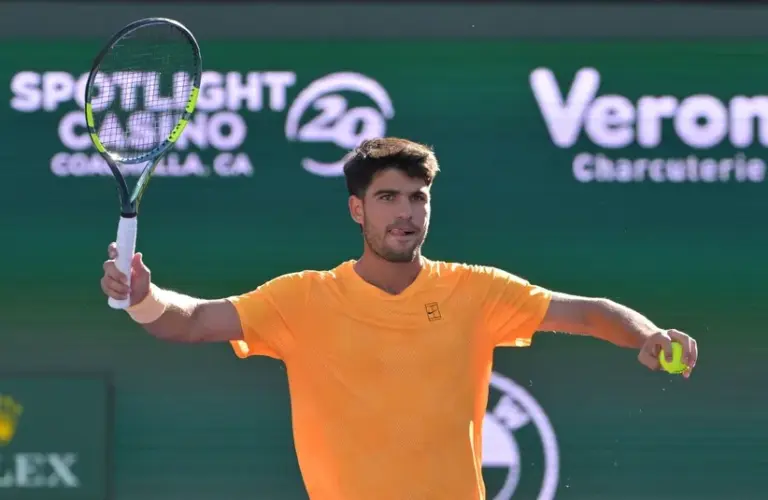 Carlos Alcaraz (ESP) reacts at match point as he defeated Casper Ruud (NOR)