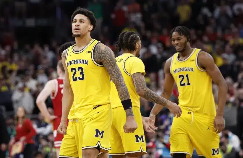 Michigan Wolverines forward Yaxel Lendeborg (23) reacts after scoring