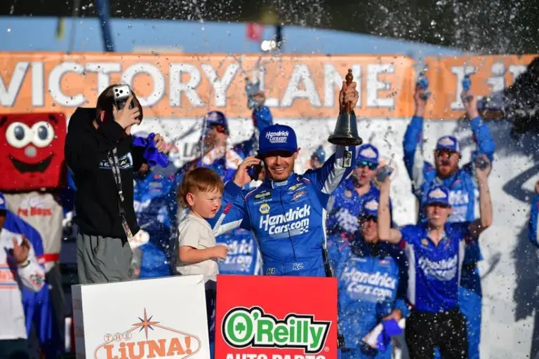 Mar 14, 2026; Las Vegas, Nevada, USA; JR Motorsports driver Kyle Larson (88) celebrates his victory of the LiUNA! at Las Vegas Motor Speedway.