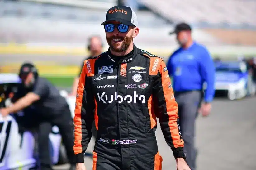 Mar 14, 2026; Las Vegas, Nevada, USA; Trackhouse Racing driver Ross Chastain (1) during qualifying at Las Vegas Motor Speedway.