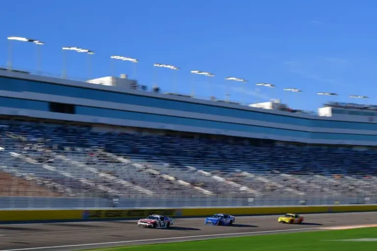 Caption: Mar 14, 2026; Las Vegas, Nevada, USA; JR Motorsports driver Sammy Smith (8) leads Hendrick Motorsports driver Corey Day (17) and Haas Factory Team driver Sheldon Creed (00) during the LiUNA! at Las Vegas Motor Speedway.