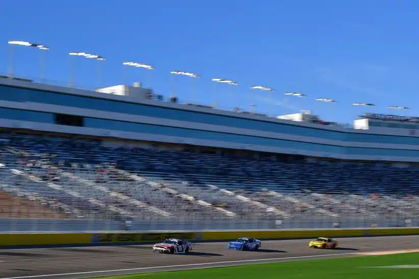 Caption: Mar 14, 2026; Las Vegas, Nevada, USA; JR Motorsports driver Sammy Smith (8) leads Hendrick Motorsports driver Corey Day (17) and Haas Factory Team driver Sheldon Creed (00) during the LiUNA! at Las Vegas Motor Speedway.