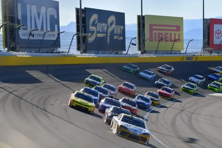 Mar 14, 2026; Las Vegas, Nevada, USA; Joe Gibbs Racing driver Taylor Gray (54) leads the restart during the LiUNA! at Las Vegas Motor Speedway.