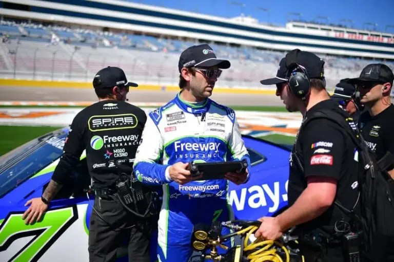 Mar 14, 2026; Las Vegas, Nevada, USA; Spire Motorsports driver Daniel Suarez (7) during qualifying at Las Vegas Motor Speedway. Mandatory Credit: Gary A. Vasquez-Imagn Images