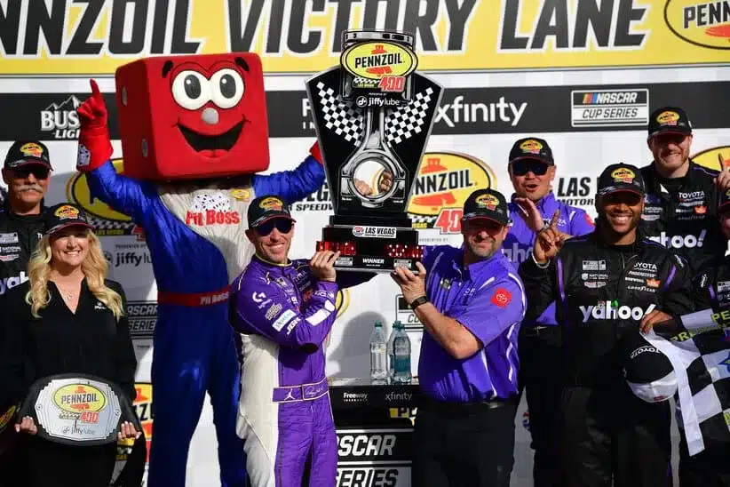 Mar 15, 2026; Las Vegas, Nevada, USA; Joe Gibbs Racing driver Denny Hamlin (11) celebrates his victory following the Pennzoil 400 at Las Vegas Motor Speedway.
