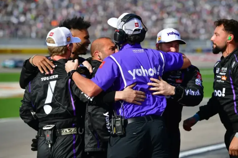 Mar 15, 2026; Las Vegas, Nevada, USA; The crew of Joe Gibbs Racing driver Denny Hamlin (11) celebrates his victory at the Pennzoil 400 at Las Vegas Motor Speedway.