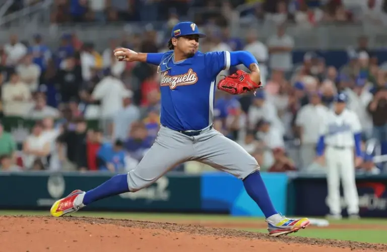 Venezuela pitcher Daniel Palencia (29) throws to the plate in the ninth inning