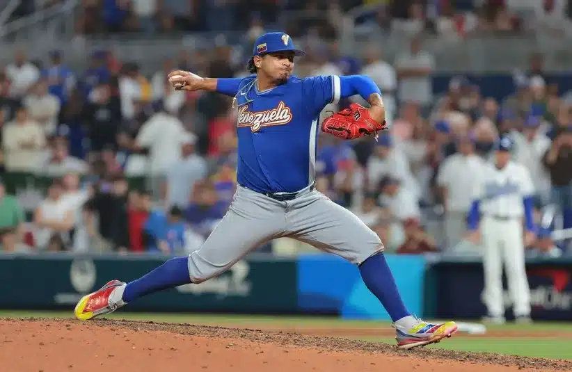 Venezuela pitcher Daniel Palencia (29) throws to the plate in the ninth inning