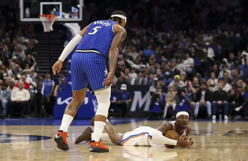 Oklahoma City Thunder guard Shai Gilgeous-Alexander (2) reacts after a loose ball