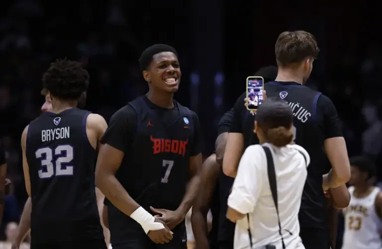 Howard Bison forward Julian Johnson (7) celebrates after defeating the UMBC Retrievers