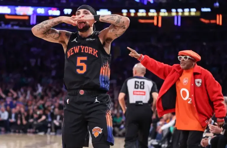 New York Knicks guard Jose Alvarado (5) gestures after scoring