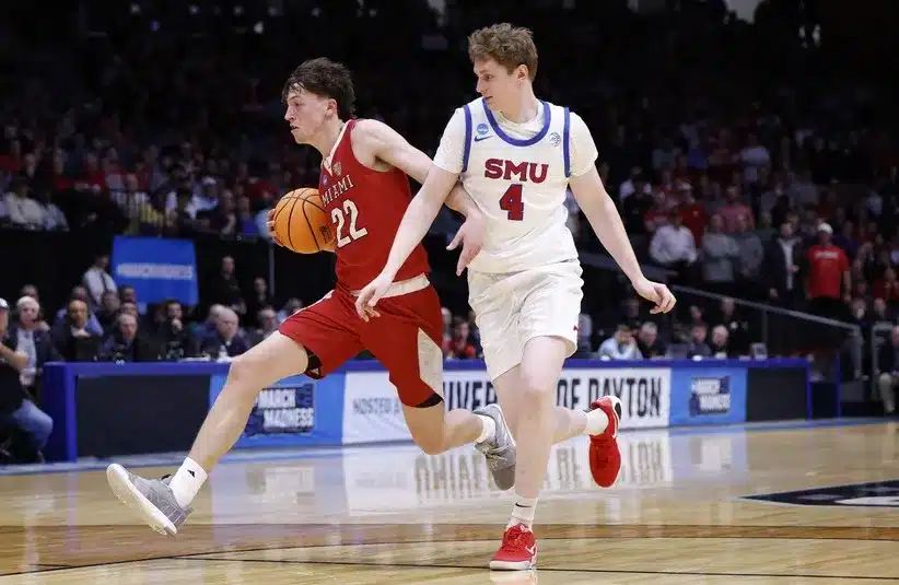 Miami (OH) RedHawks wing Brant Byers (22) dribbles