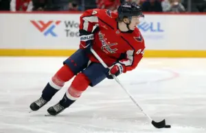 Washington Capitals defenseman Cole Hutson (44) controls the puck, vs. Colorado Avalanche