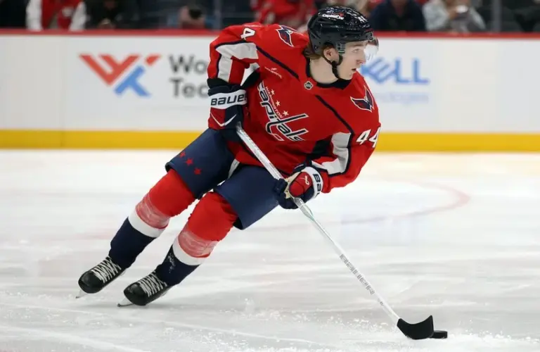 Washington Capitals defenseman Cole Hutson (44) controls the puck, vs. Colorado Avalanche