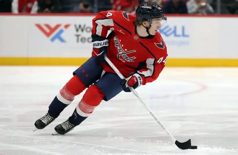 Washington Capitals defenseman Cole Hutson (44) controls the puck, vs. Colorado Avalanche