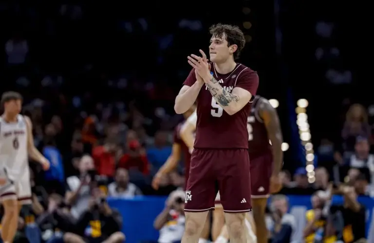 Texas A&M Aggies guard Ruben Dominguez (9) reacts