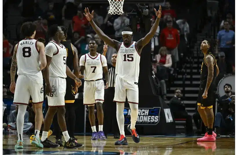 Gonzaga's Graham Ike reacts to win vs Kennesaw State in the First Round of the 2026 NCAA Tournament