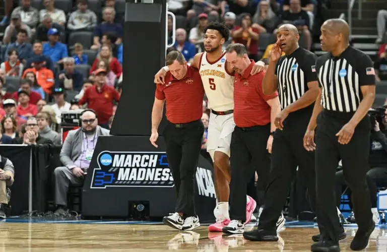 Iowa State Cyclones forward Joshua Jefferson (5) is helped off of the court