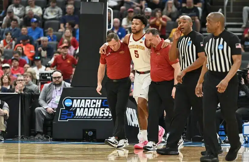 Iowa State Cyclones forward Joshua Jefferson (5) is helped off of the court