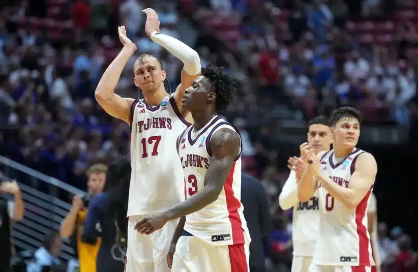 St. John's Red Storm forward Bryce Hopkins (23) and forward Rubén Prey (17) react after defeating the Northern Iowa Panthers
