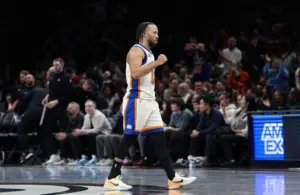 Jalen Brunson Celebrating A Shot During A Brooklyn Nets vs New York Knicks game