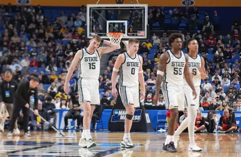 Michigan State Spartans center Carson Cooper (15) reacts in the second half.