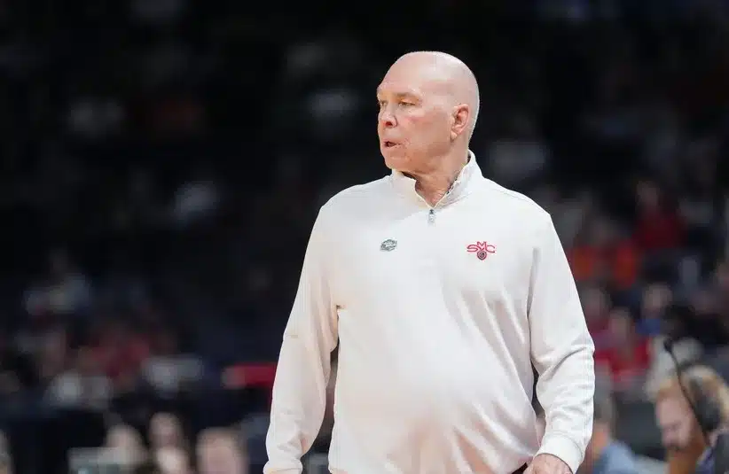 Saint Mary's head coach Randy Bennett walks in front of the bench