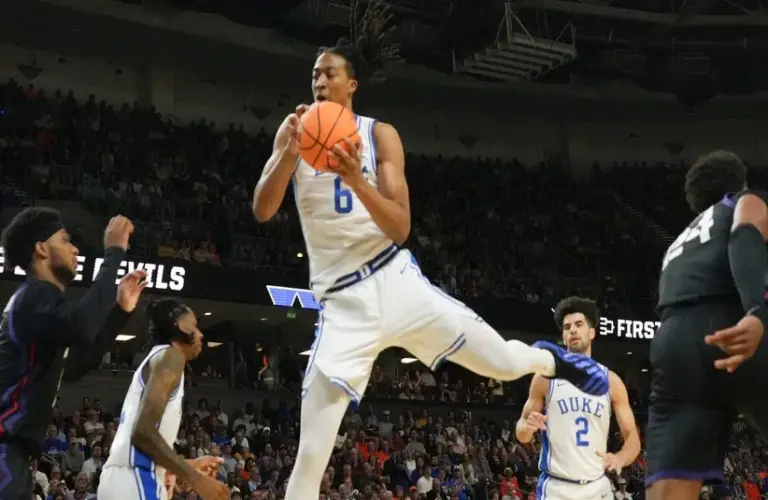 Duke Blue Devils forward Maliq Brown (6) rebounds March 21, 2026 during the NCAA Men’s Basketball Tournament