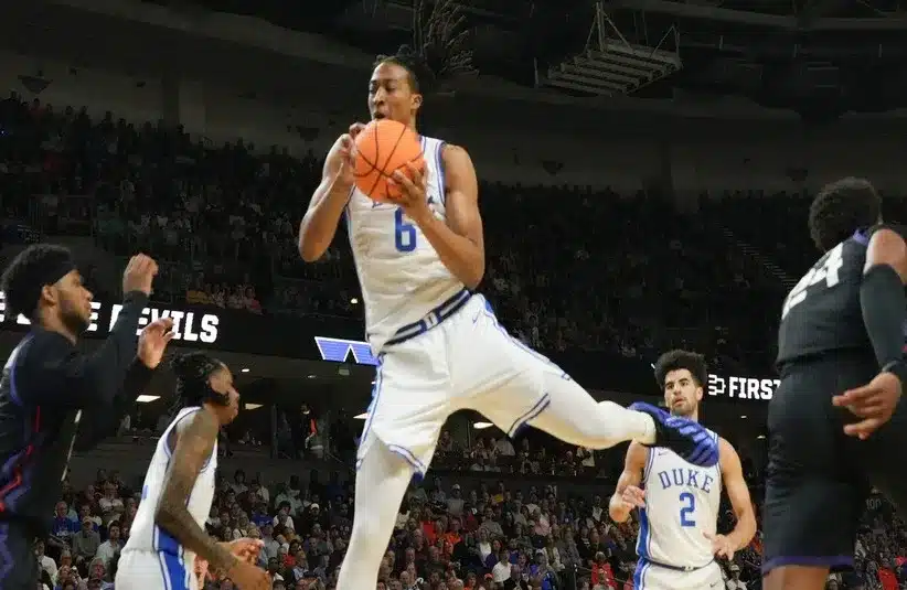 Duke Blue Devils forward Maliq Brown (6) rebounds March 21, 2026 during the NCAA Men’s Basketball Tournament