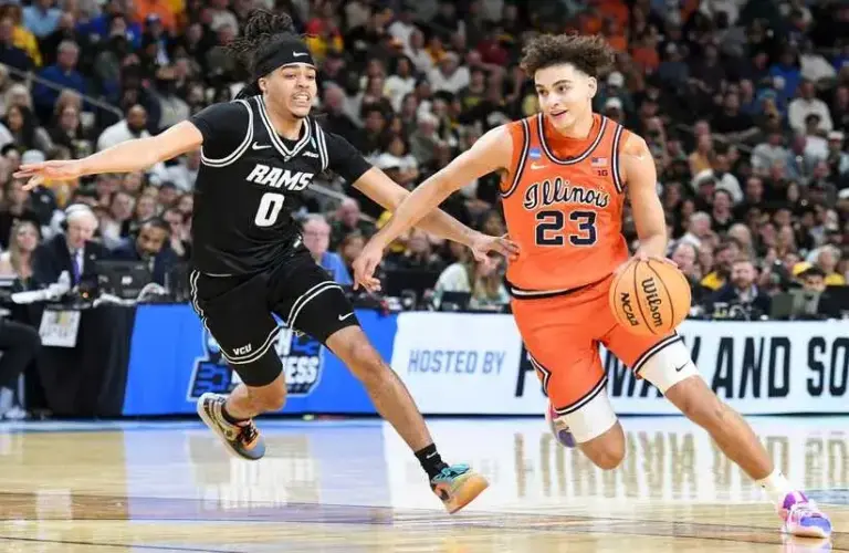 VCU Rams guard Brandon Jennings (0) defends Illinois Fighting Illini guard Keaton Wagler (23) Saturday, March 21, 2026, during the NCAA Men’s Basketball Tournament second round game.