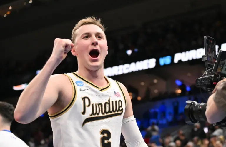 Purdue player Flecther Loyer celebrates the win during the NCAA Tournament.