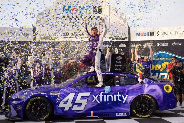 Mar 22, 2026; Darlington, South Carolina, USA; 23XI Racing Tyler Reddick (45) celebrates in Victory Lane after winning at Darlington Raceway.
