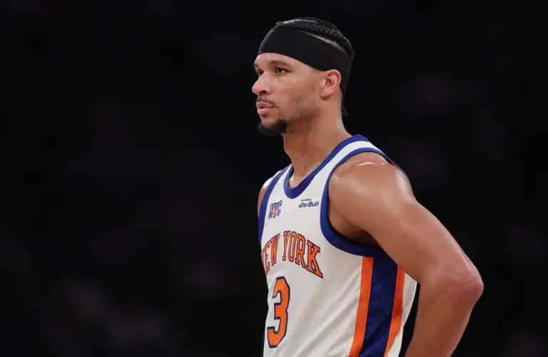 New York Knicks guard Josh Hart (3) looks on during the first half.