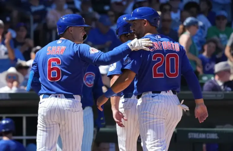 Chicago Cubs third baseman Matt Shaw (6) celebrates with teammates