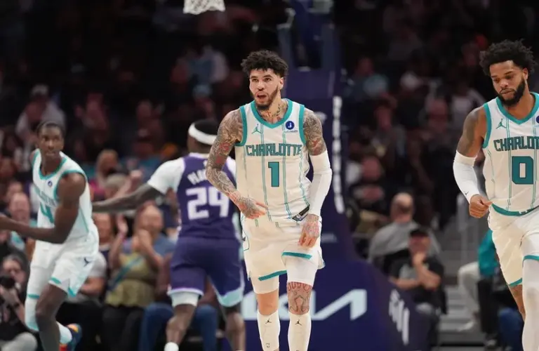 Charlotte Hornets guard LaMelo Ball (1) reacts after a score