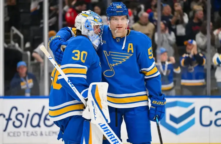 St. Louis Blues goaltender Joel Hofer (30) celebrates
