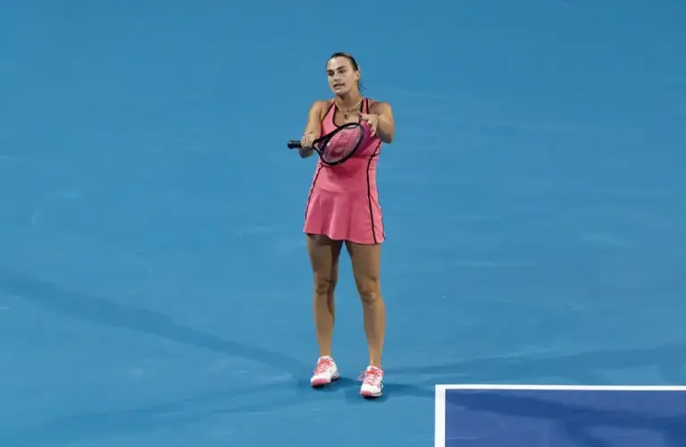 Aryna Sabalenka of Belarus serves against Hailey Baptiste