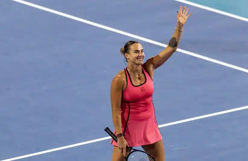 Aryna Sabalenka of Belarus celebrates winning her match