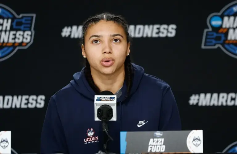UConn Huskies guard Azzi Fudd (35) speaks during a press conference