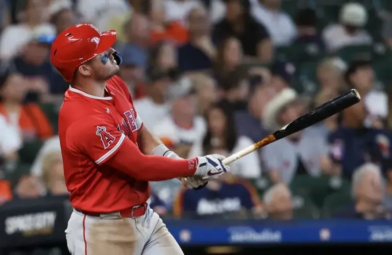 Los Angeles Angels right fielder Mike Trout (27) hits a home run against the Houston Astros
