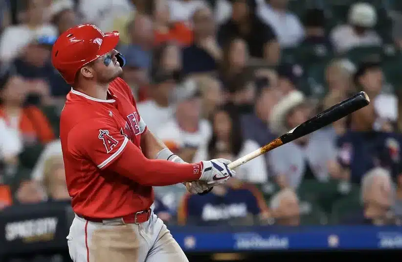 Los Angeles Angels right fielder Mike Trout (27) hits a home run against the Houston Astros