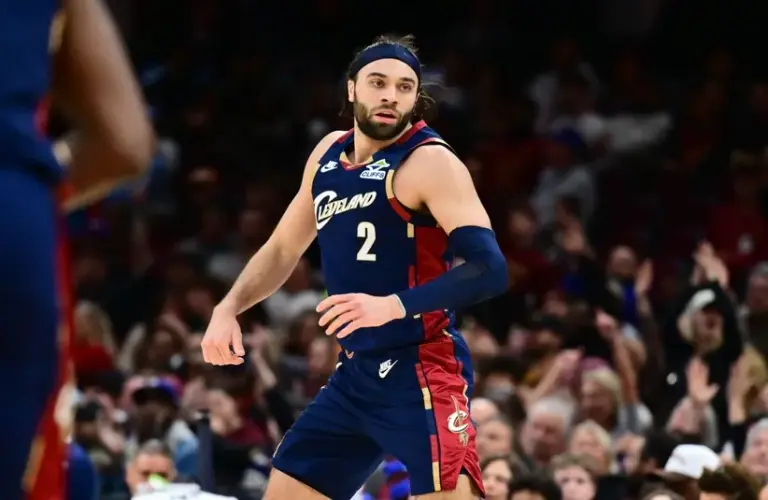 Cleveland Cavaliers guard Max Strus (2) celebrates after hitting a three point basket