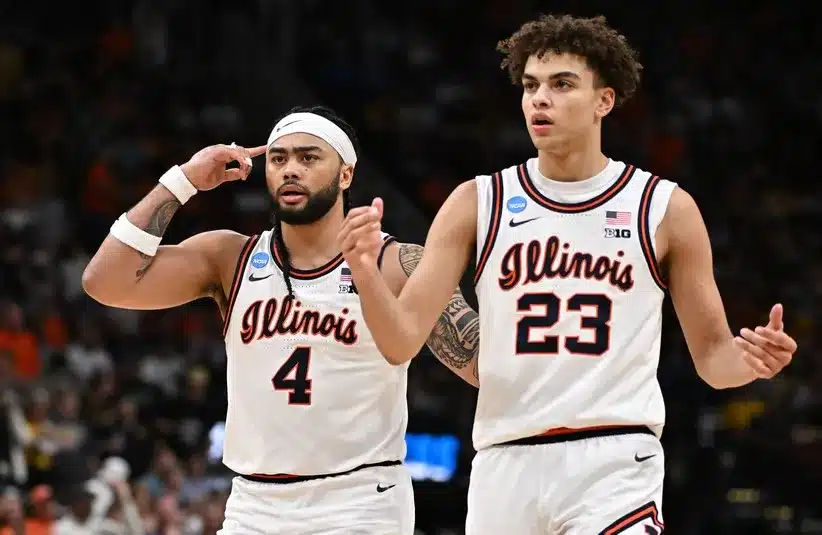 Illinois Fighting Illini guard Kylan Boswell (4) and guard Keaton Wagler (23) react in the second half.