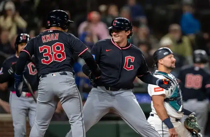 Cleveland Guardians designated hitter Chas.e DeLauter (24) celebrates.