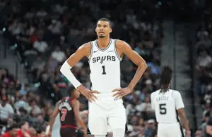 San Antonio Spurs forward Victor Wembanyama (1) looks up in the first half.